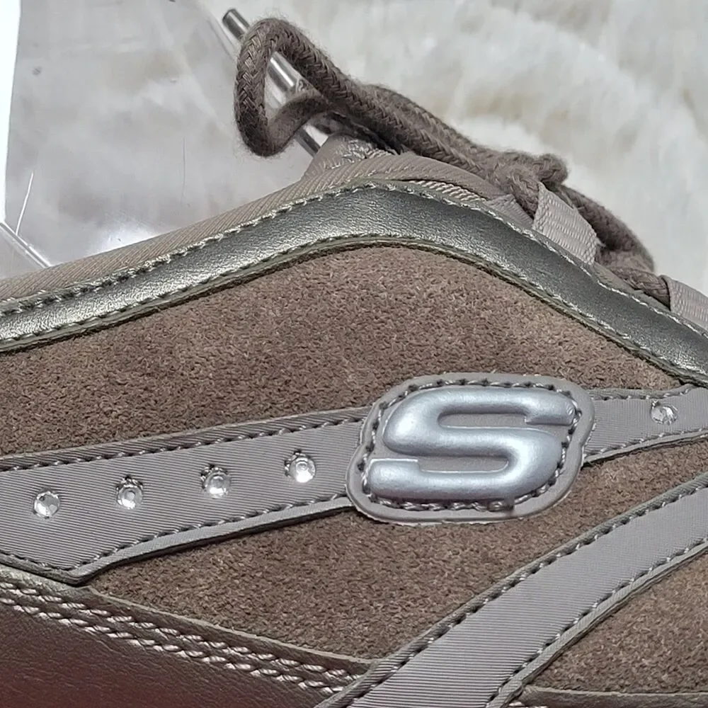 Skechers Lace Up Comfort Sneakers 22018 Leather Low Top Rhinestones Taupe 10 - Picture 5 of 12